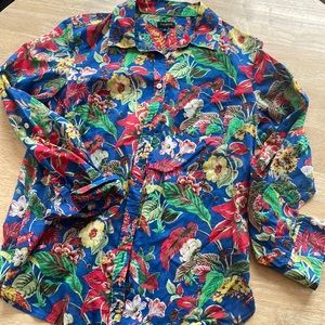 Talbots Classic Cotton Button Front Shirt in blue colorful tropical print Medium
